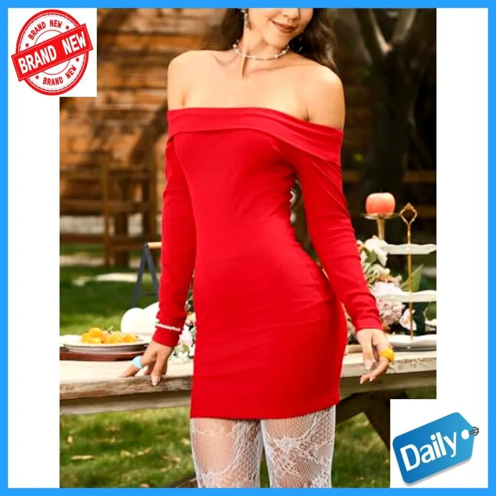 Off Shoulder Ribbed Long Sleeve Bodycon Mini Dress Party Club Night Out